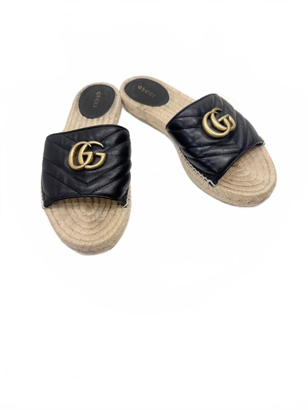 Gucci Marmont Matelasse Leather Espadrille Slide Sandal Black Sz 37.5 US 7.5